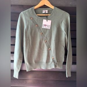 Love by Design Small Sweater Bethany Asymetrical Button Green NWT